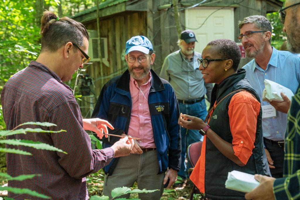 Dean gay takes a trip to Harvard Forrest. She is seen with a group getting a tour